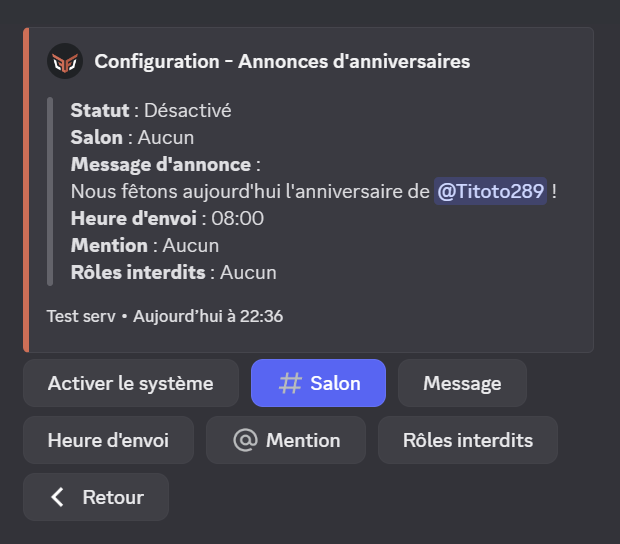 Configurez l'ensemble de ces éléments en appuyant sur le bouton annonce une fois la commande config lancée
