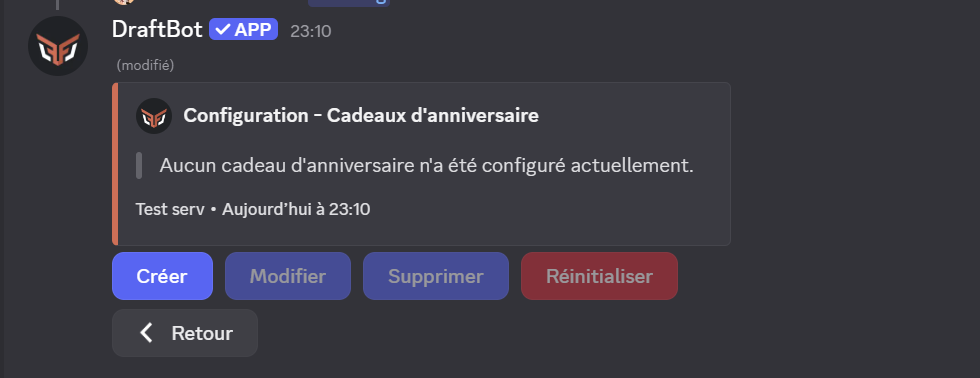 Créez vos cadeaux en cliquant sur le bouton "Cadeaux" une fois la commande config lancée