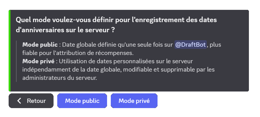 Vous pouvez choisir le mode en appuyant sur le bouton "mode des dates d'anniversaire" puis choisir le mode