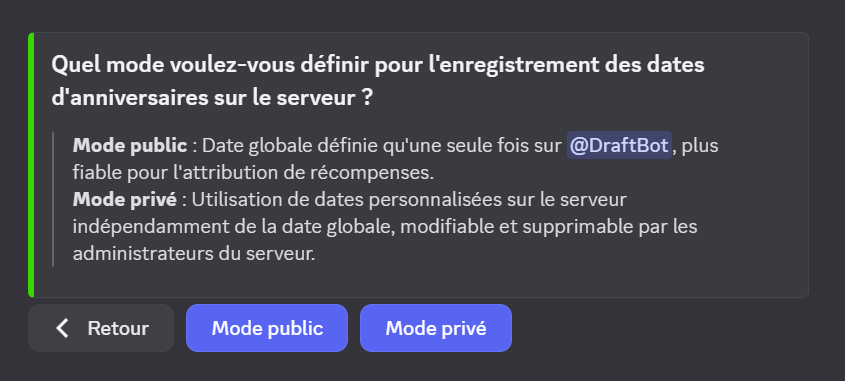 Vous pouvez choisir le mode en appuyant sur le bouton "mode des dates d'anniversaire" puis choisir le mode