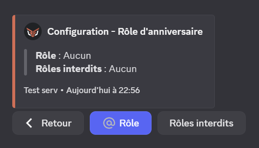 Paramétrez ici le rôle à donner pour les membres qui fêtent leur anniversaire en appuyant sur le bouton rôle une fois la commande config lancée