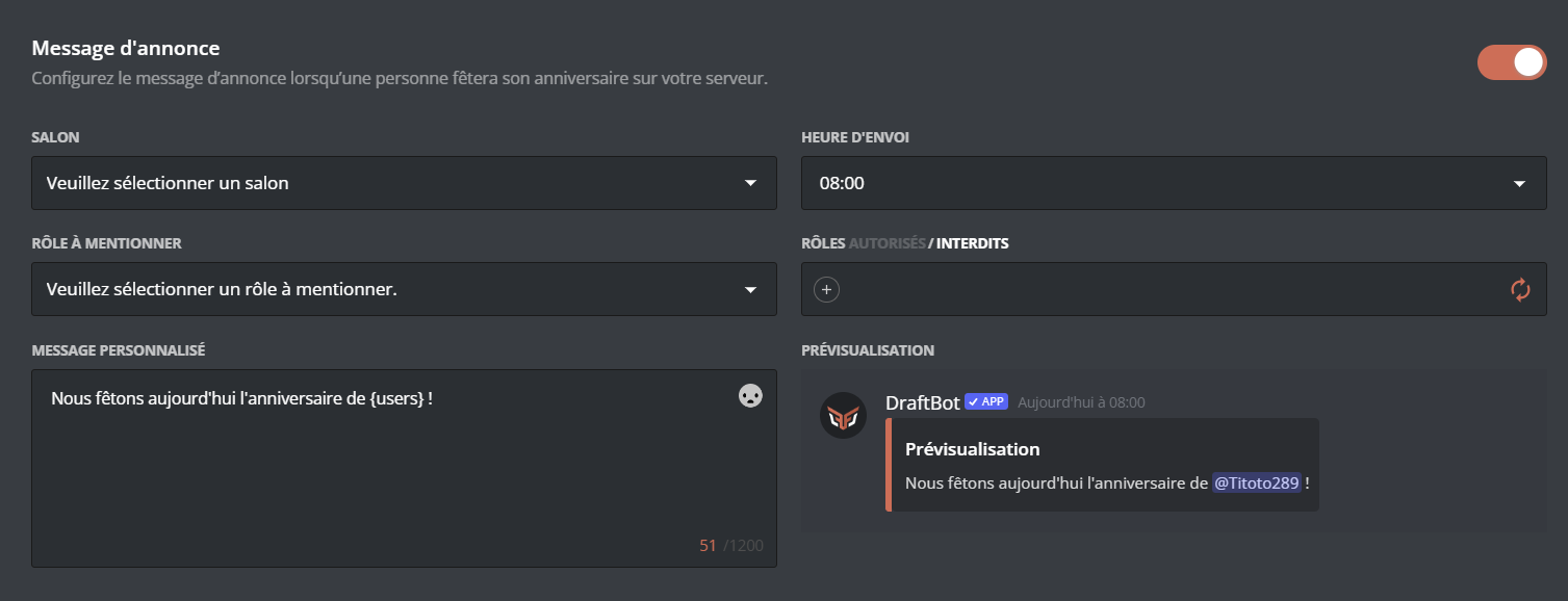 Configurez l'ensemble de ces éléments sur le panel en activant le message d'annonce