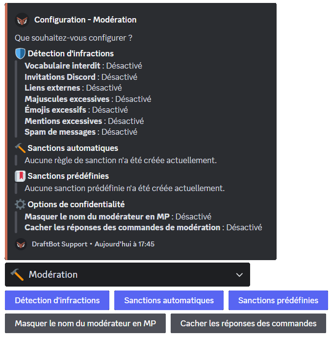 Menu de configuration de l'auto-modération