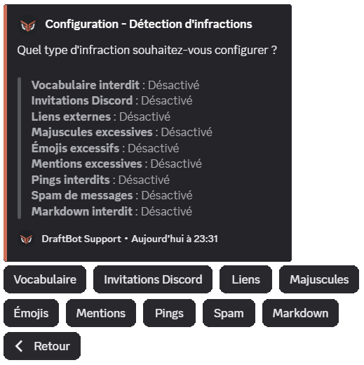 Menu de configuration de l'auto-modération