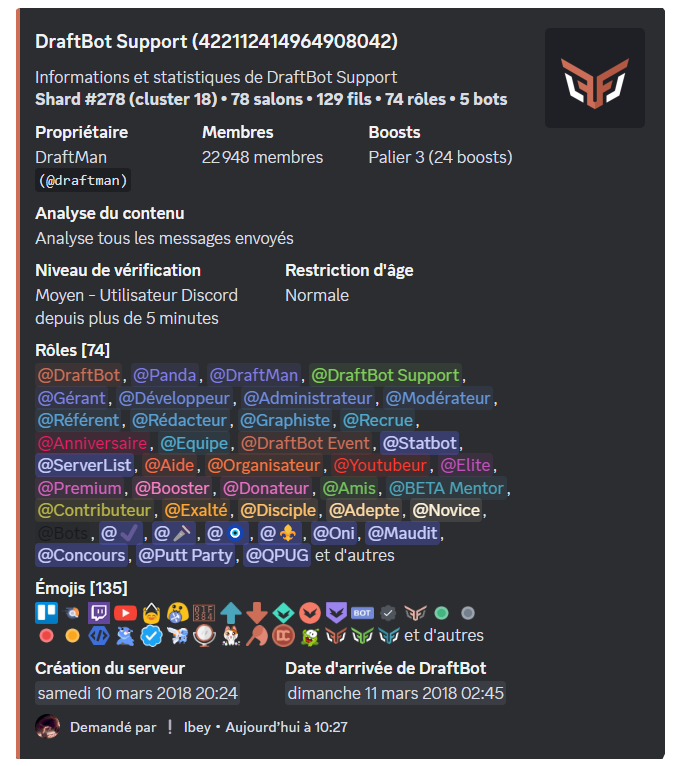 Aperçu de la commande /info serveur