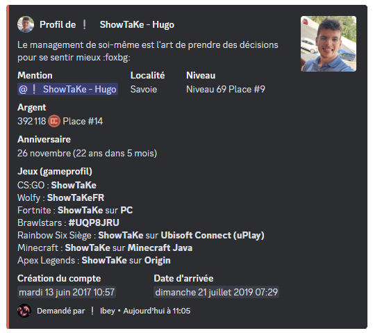 Aperçu de la commande /profil