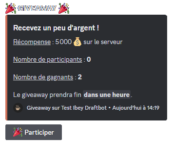 Aperçu de la commande /concours créer argent