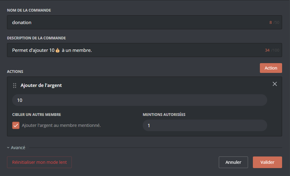 Exemple d'action Ajouter de l'argent