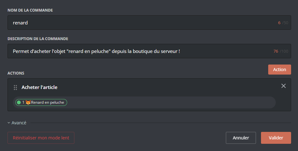 Exemple d'action Article de la boutique