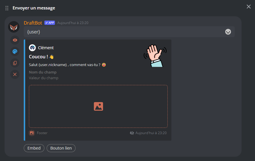 Exemple d'action Envoyer un Message, avec Embed et variables