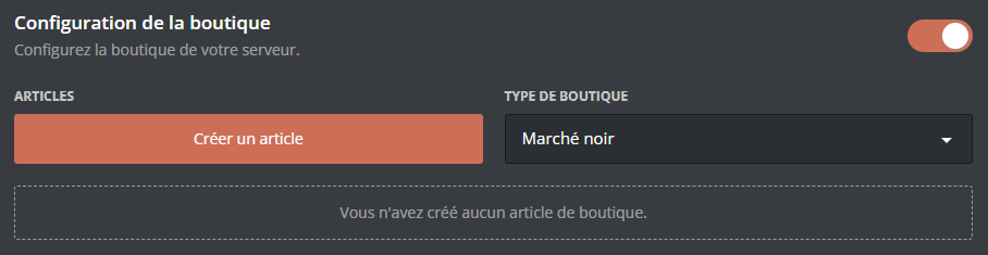 Menu de la boutique depuis le panel