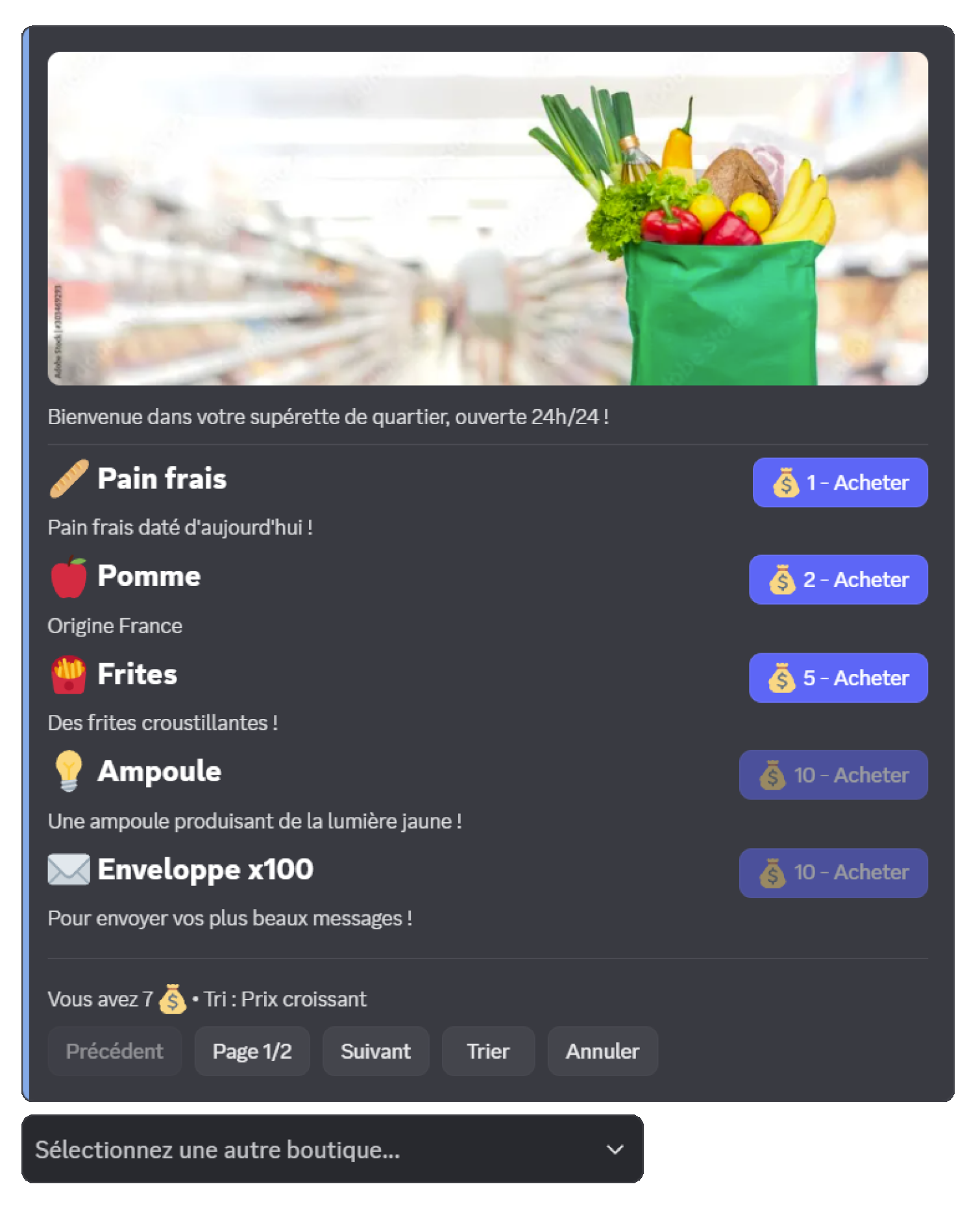 Interface de la boutique