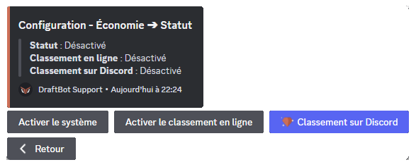 Menu "Statut" via la commande /config