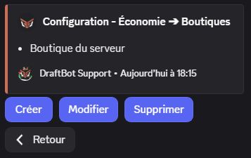 Menu de sélection d'une boutique