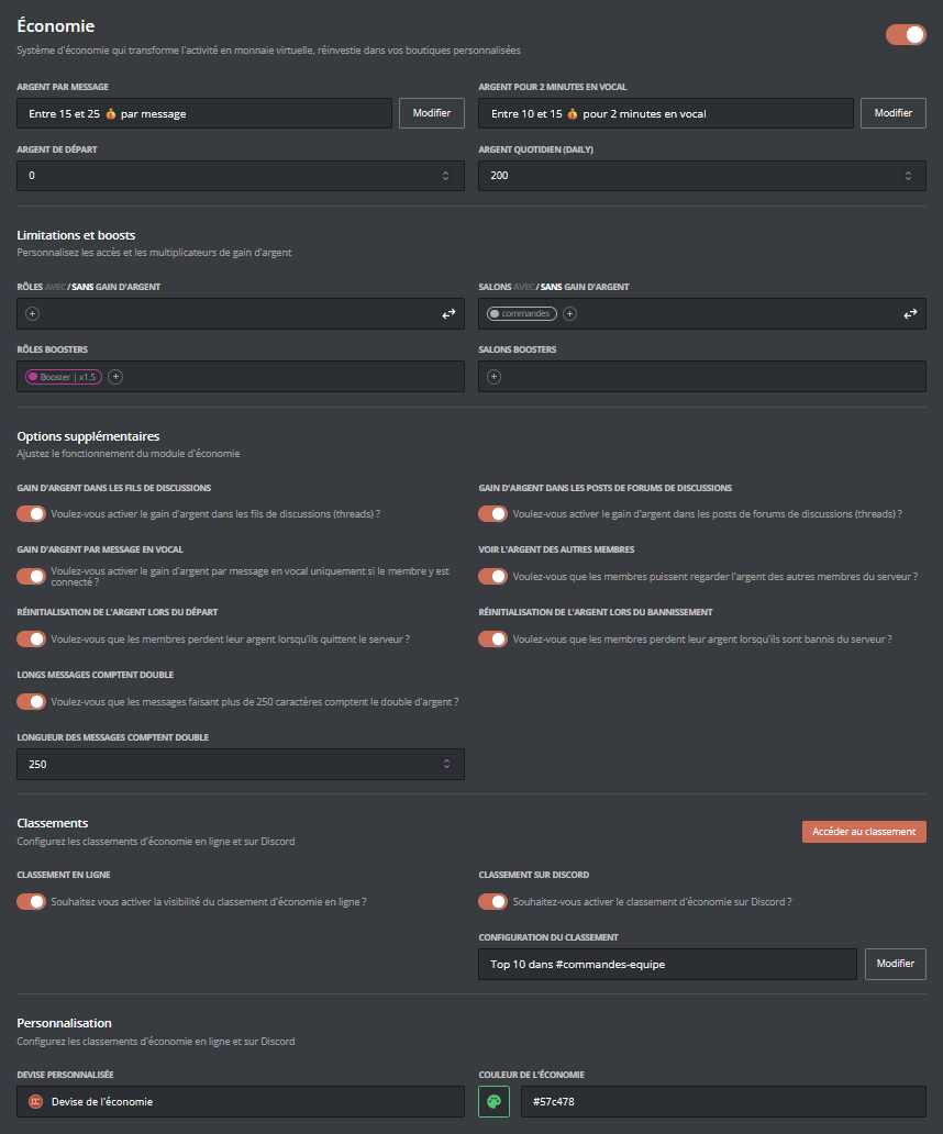Module économie activé sur le Panel