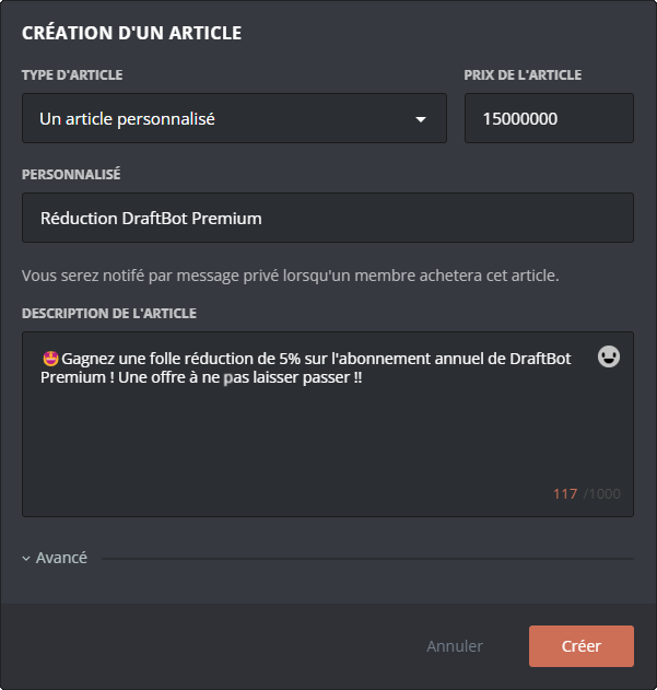 Menu de vente d'article personnalisé