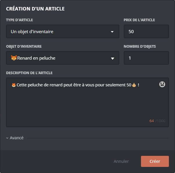 Menu de vente d'objet d'inventaire