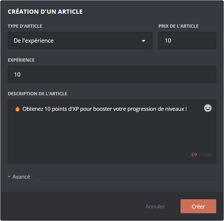 Menu de vente de points d'expérience