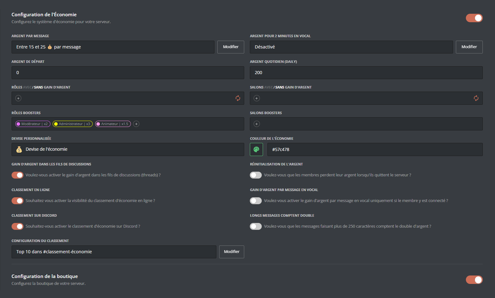 Module économie activé sur le Panel