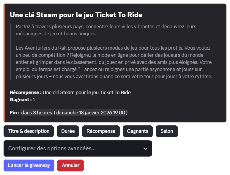 Interface de prévisualisation et de configuration d'un giveaway