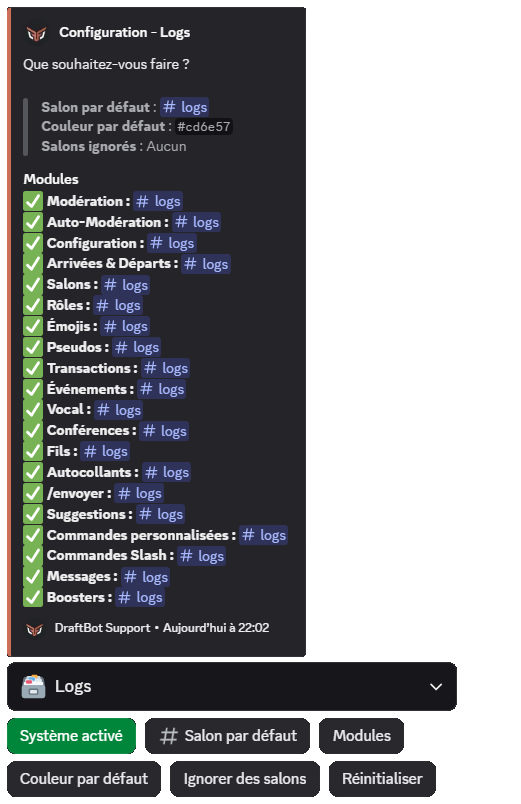 Configuration générale des logs via la commande /config