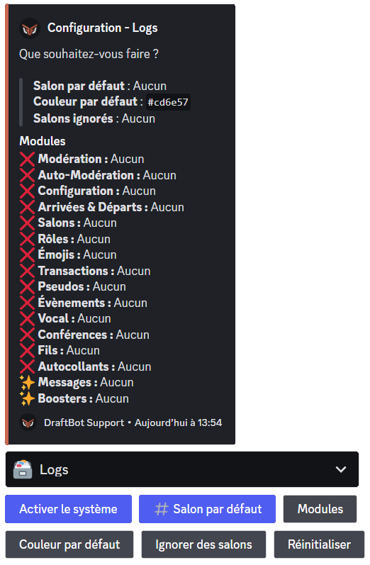 Configuration générale des logs via la commande /config