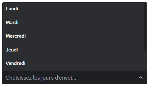 Aperçu du sélecteur de configuration des jours d'envoi.