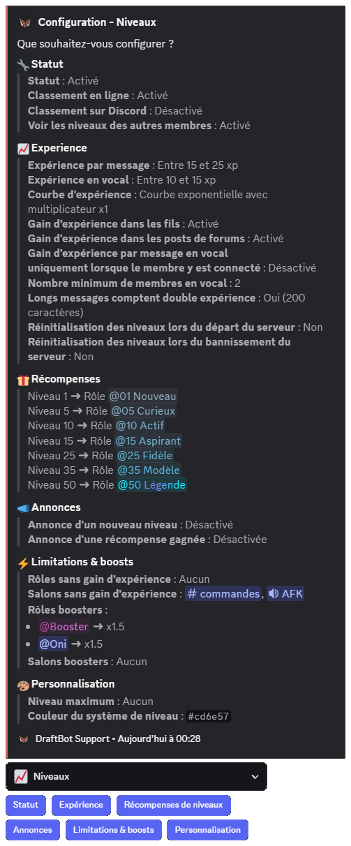 Module Niveaux via la commande /config