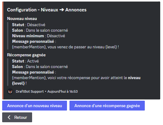 Menu "Annonces" via la commande /config