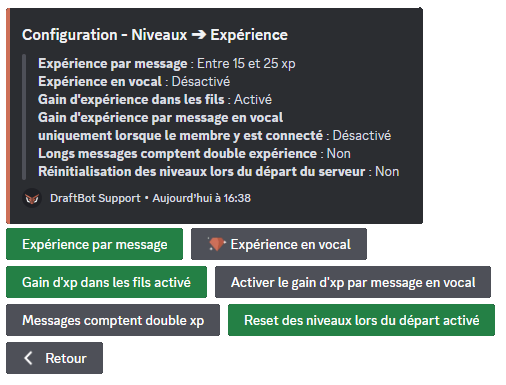 Menu "Expérience" via la commande /config