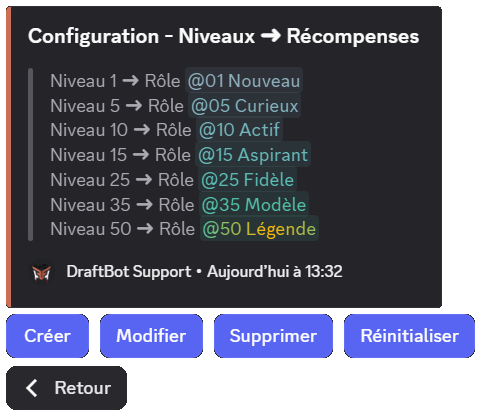 Menu "Récompenses de niveau" via la commande /config