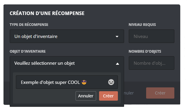 Menu de création d'objet depuis le panel