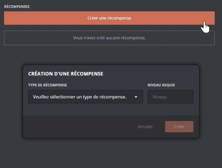 Menu de création de récompenses, depuis le panel