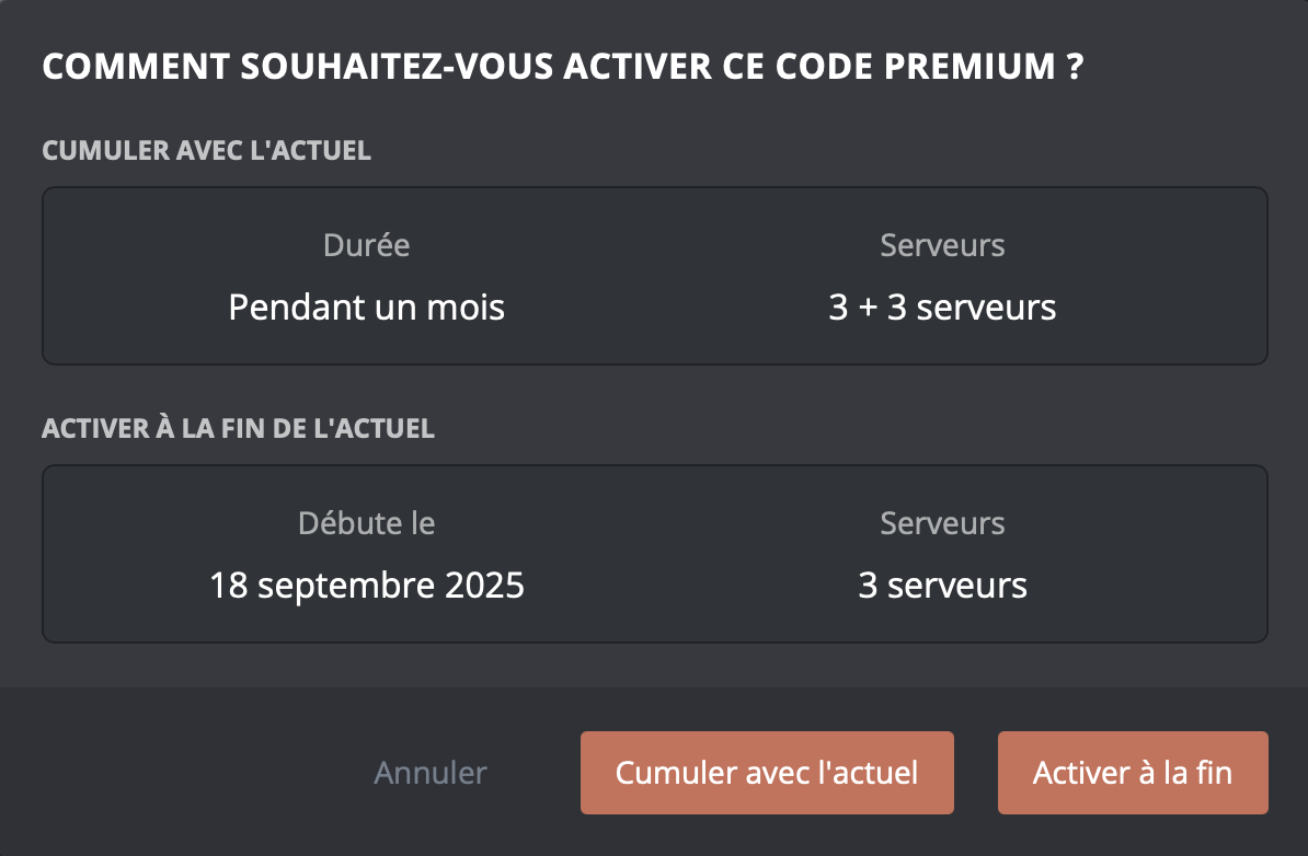 Aperçu de la fenêtre lors de l'activation de votre code