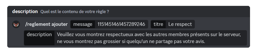 Aperçu de la commande /reglement créer