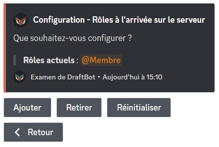 Menu d'accueil de la configuration des rôles automatiques à l'arrivée