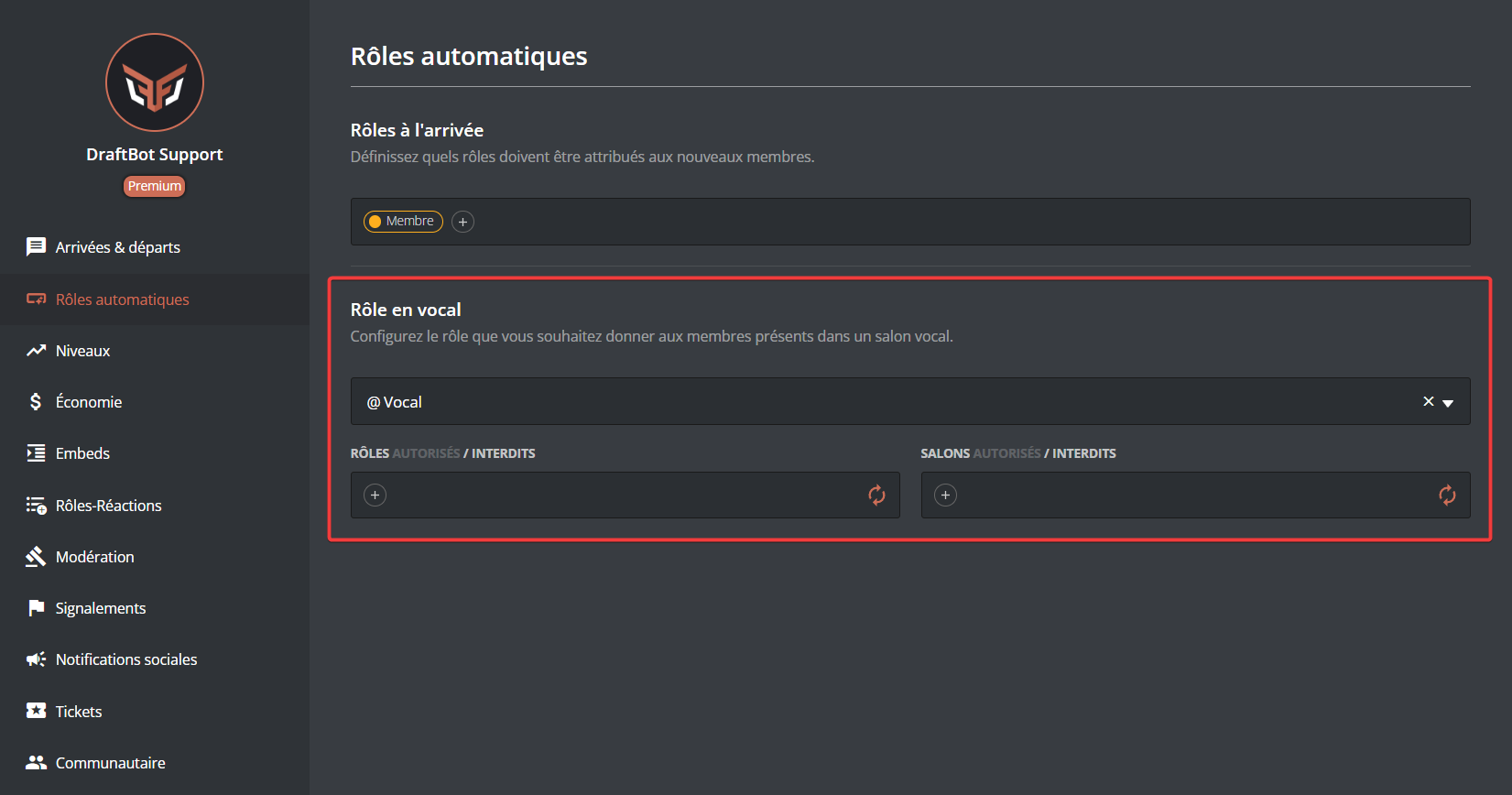 Configuration des rôles automatiques de vocal, sur le panel