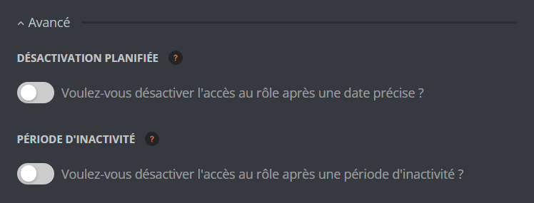 Menu avancé pour ajouter un accès