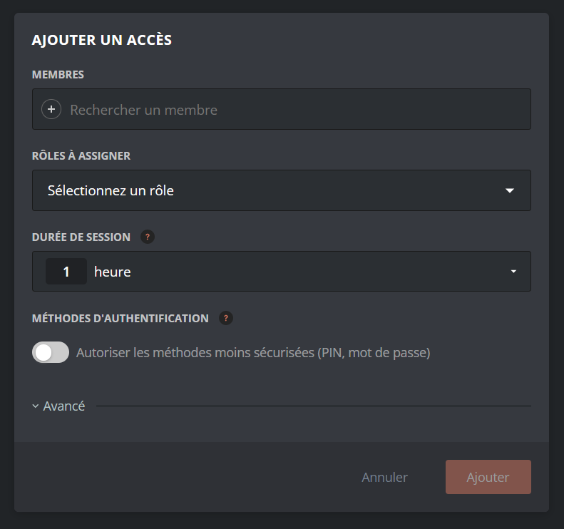 Aperçu du menu pour ajouter un accès