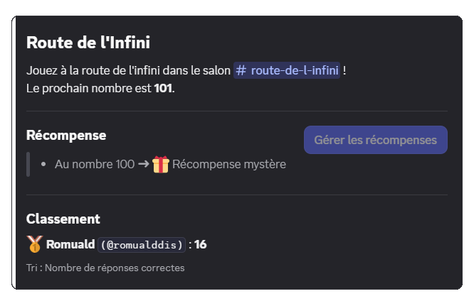 Affichage d'une récompense mystère via la commande /route-infini