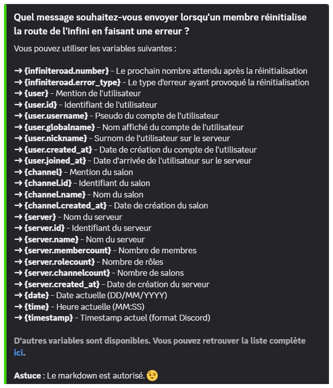 Réponse de DraftBot après avoir appuyé sur le bouton "Message de réinitialisation"