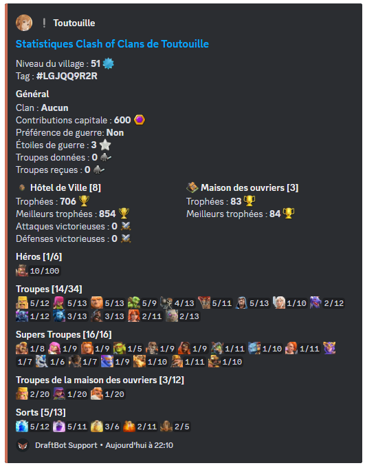 Aperçu de la commande /stats clashofclans