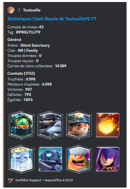 Aperçu de la commande /stats clashroyale