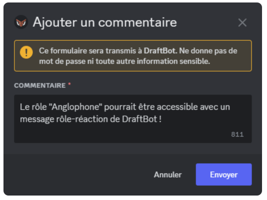 Menu d'ajout d'un commentaire