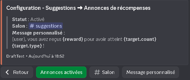 Création de récompense via /config