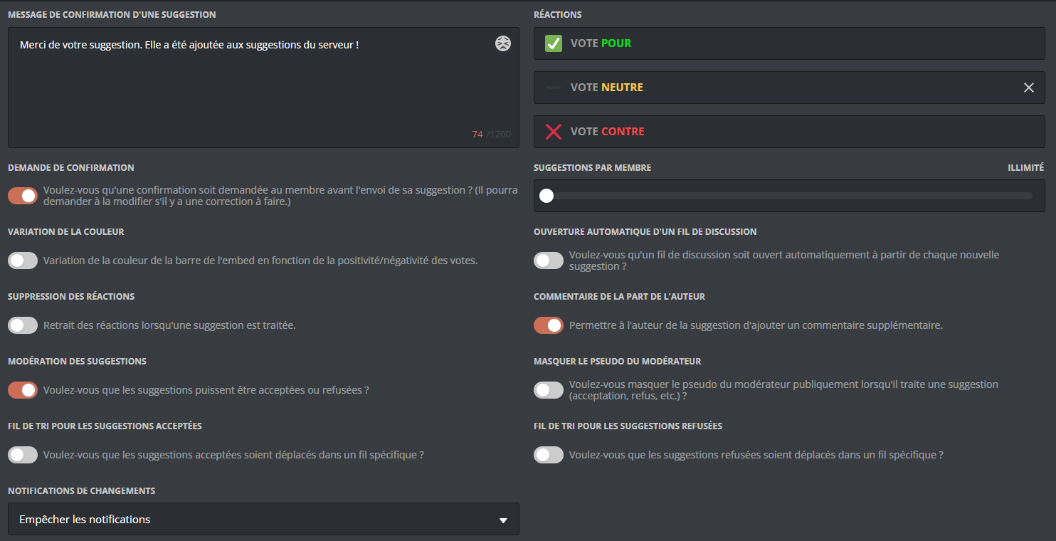Configuration du système de suggestion via le panel