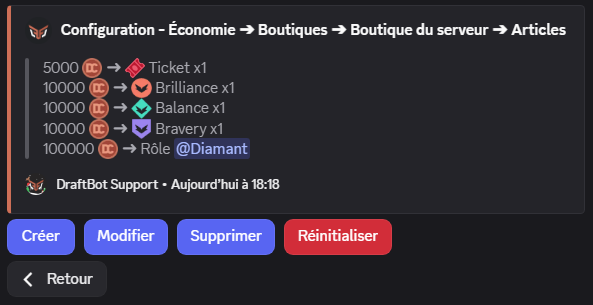 Menu de gestion des articles via la commande /config