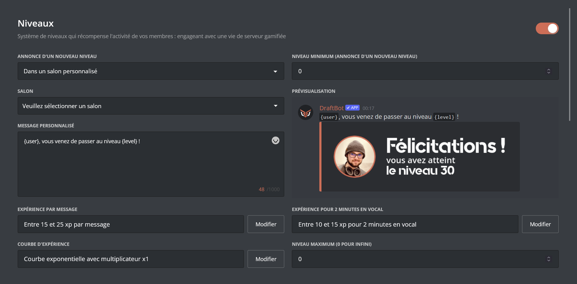 Module Niveaux activé sur le Panel