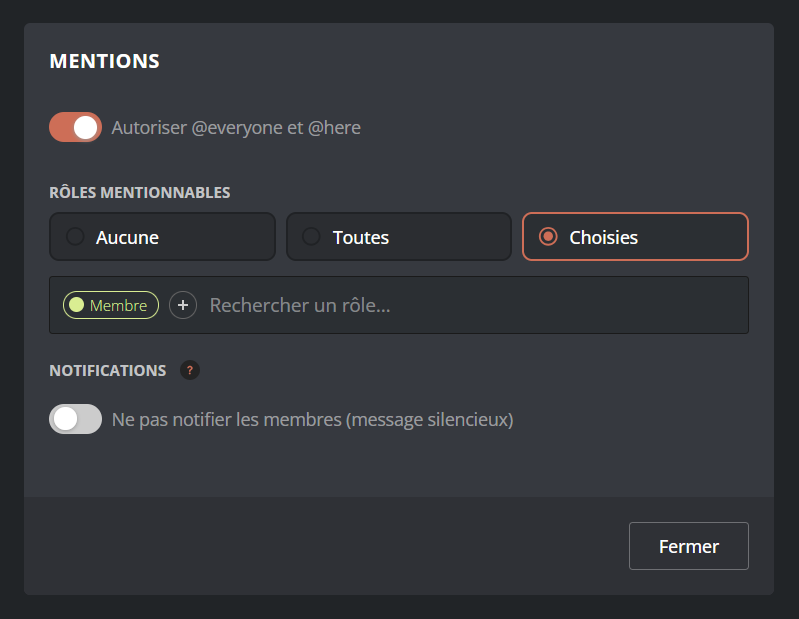Menu de configuration des mentions du message