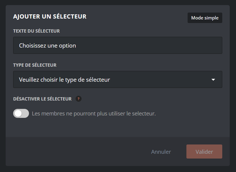 Menu pour configurer un sélecteur